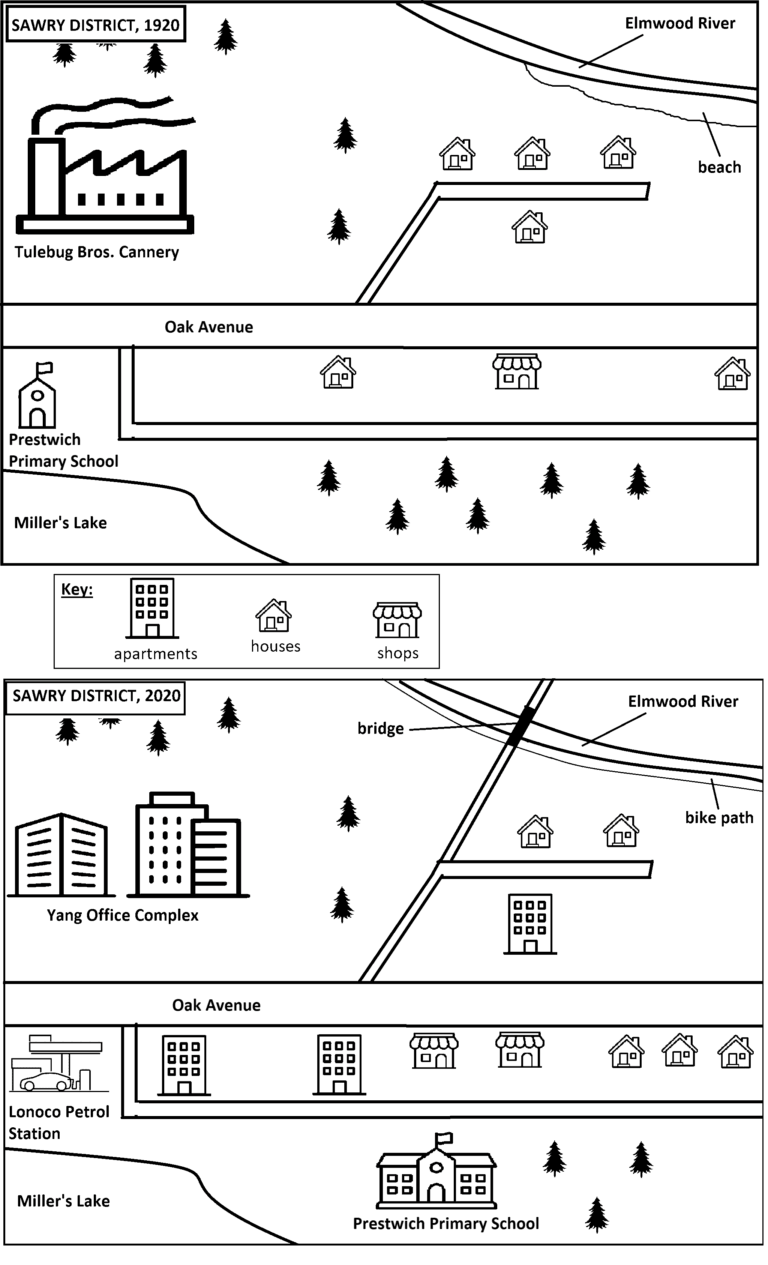 The diagrams below show changes that have taken place in the Sawry District