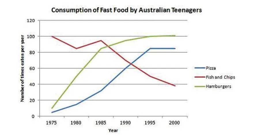 The line graph below shows changes in the amount and type of fast food consumed